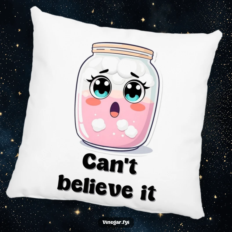 Funny surprised jar of cloudy liquid pillow, recoiling slightly with wide eyes, offering comfort and a funny gift.