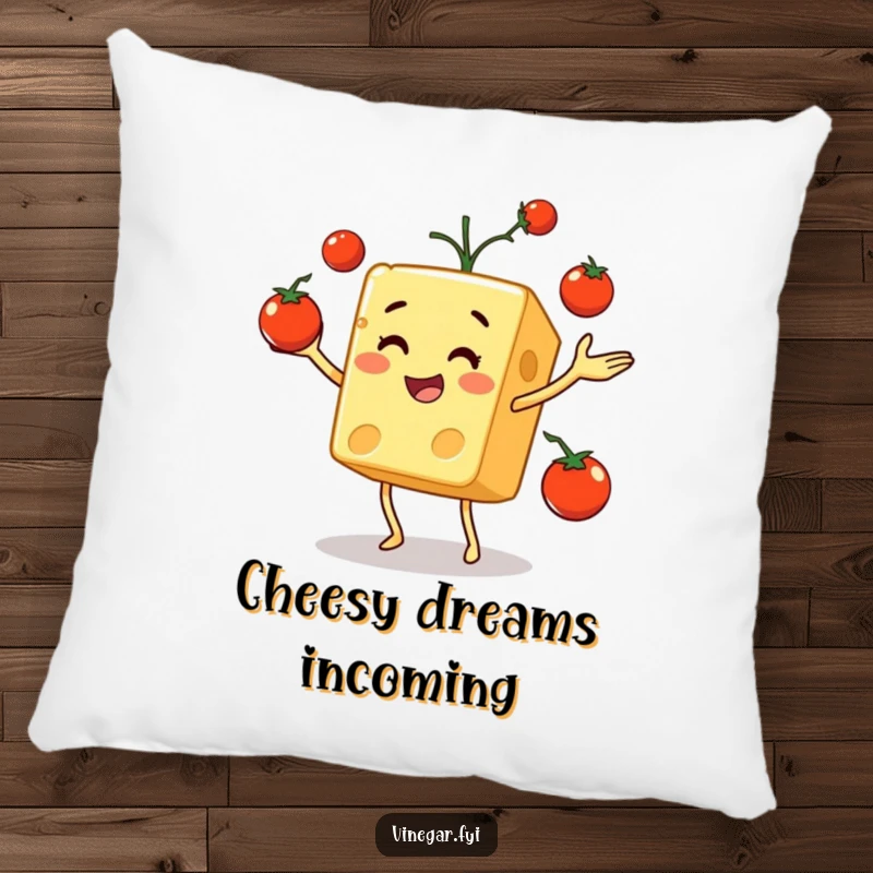 Funny pillow displaying a jovial cheese cube expertly juggling bright red cherry tomatoes, offering comfort and cheer.