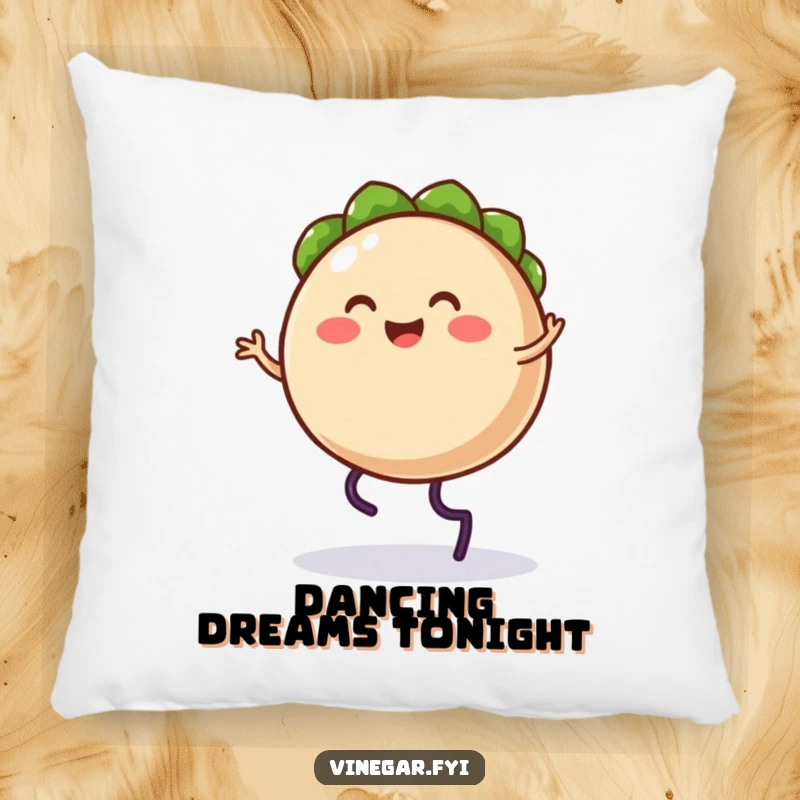 Funny pillow with a plush, happy taco character doing a silly jig, offering comfort and laughter.