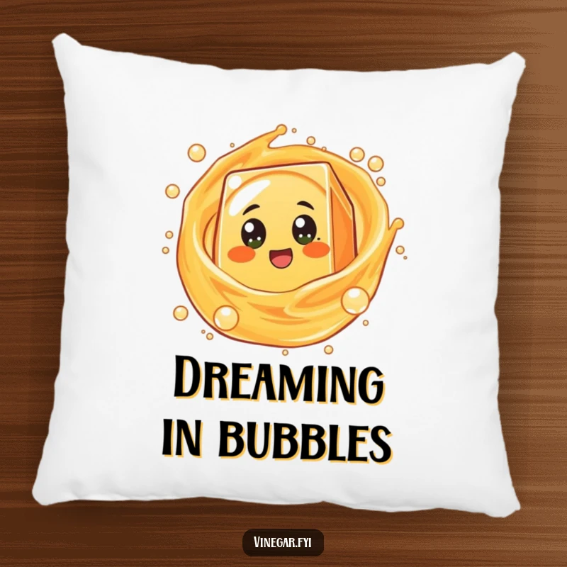 Funny round orange juice box character with excited eyes spinning in bubbly liquid, designed for comfort on a decorative pillow.