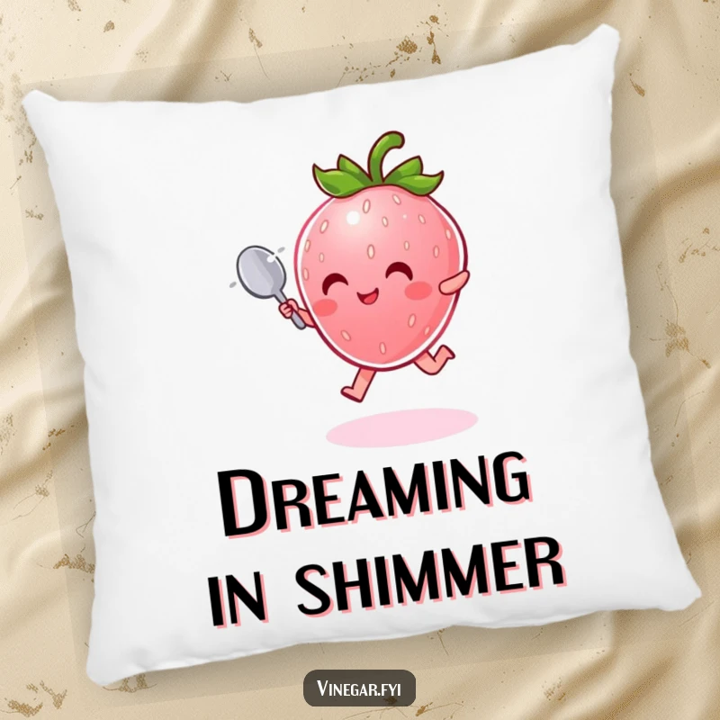 Funny Pillow: Radiant pink strawberry character with a tiny spoon joyfully leaps through shimmering mist, adding plush comfort.