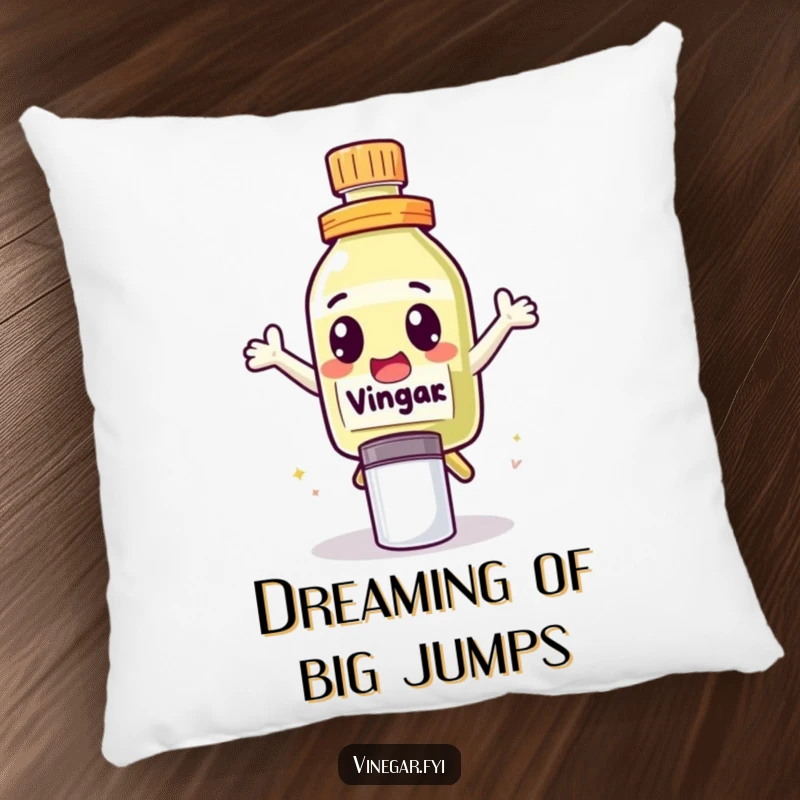 Funny Pillow featuring a cute vinegar bottle character with excited eyes, leaping over a salt shaker, offering comfort and fun.