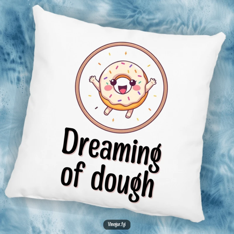 Funny pillow with a gleeful donut covered in sprinkles, mid-jump through a hoop, designed for cozy enjoyment.