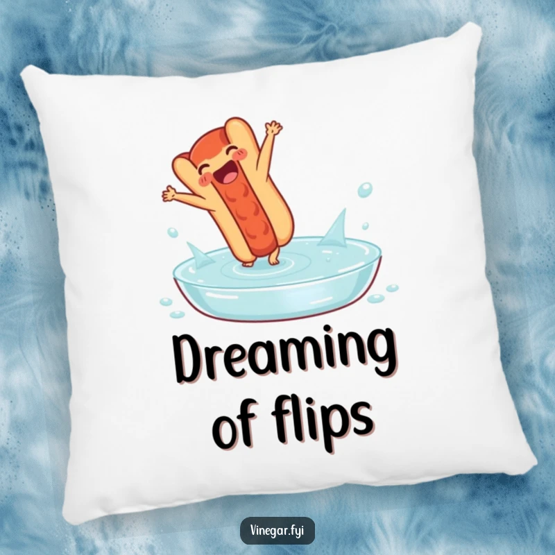 Funny pillow: A delighted hot dog performs a cartwheel in a pool of vinegar, offering comfort and a comical, food-themed visual.