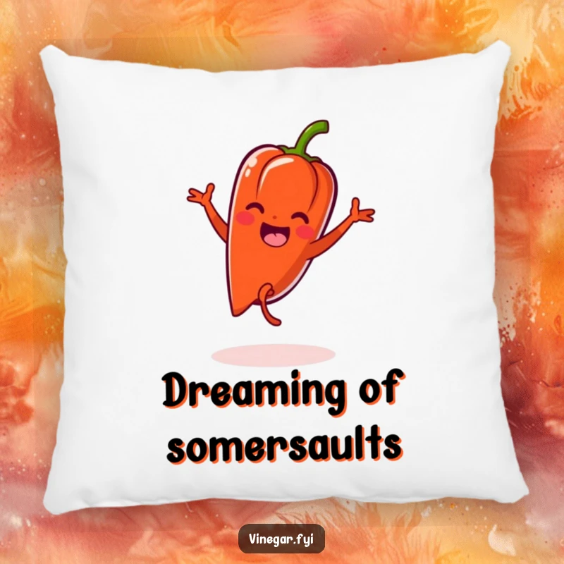 Funny Kawaii pepper doing a cartwheel with zest, soft and plush pillow for comfort and humor.