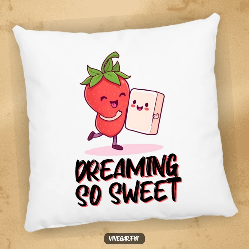 Funny pillow featuring a delighted strawberry dancing with a sugar cube partner, bringing comfort and sweet humor.