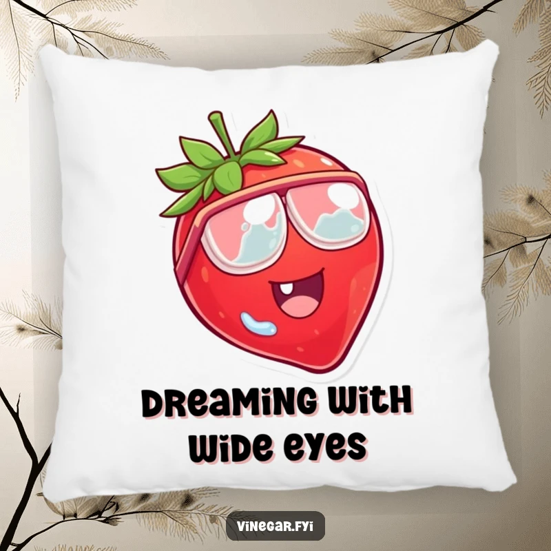 Funny pillow with a plush, laughing strawberry character wearing tiny vinegar goggles, looking comically surprised.