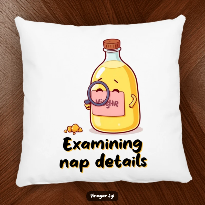 Funny pillow featuring a curious vinegar bottle with a magnifying glass examining a crumb, providing comfort and intellectual humor.