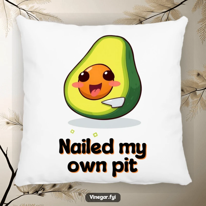 Funny, delighted avocado slicing itself with a tiny knife, on a soft pillow.