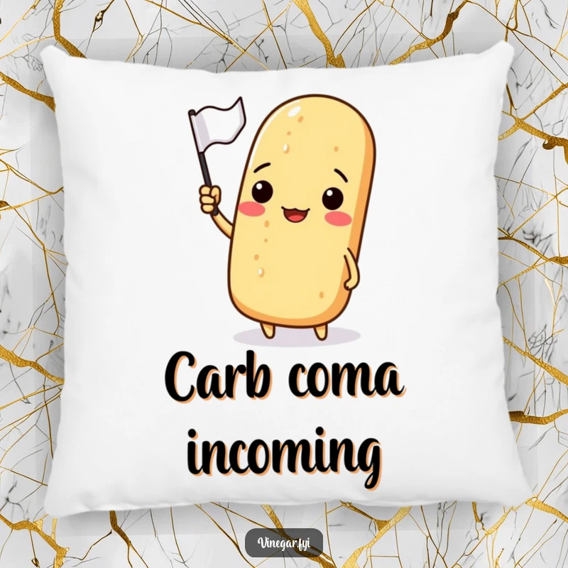 Funny pillow showing a happy baguette holding and waving a small flag, designed for ultimate comfort and amusement.