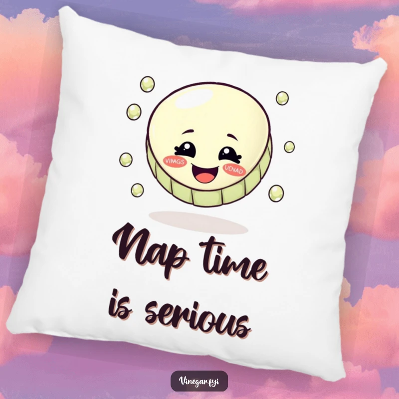Funny pillow design showcasing a joyful bottle cap juggling tiny, glistening vinegar droplets, adding humor to any couch.