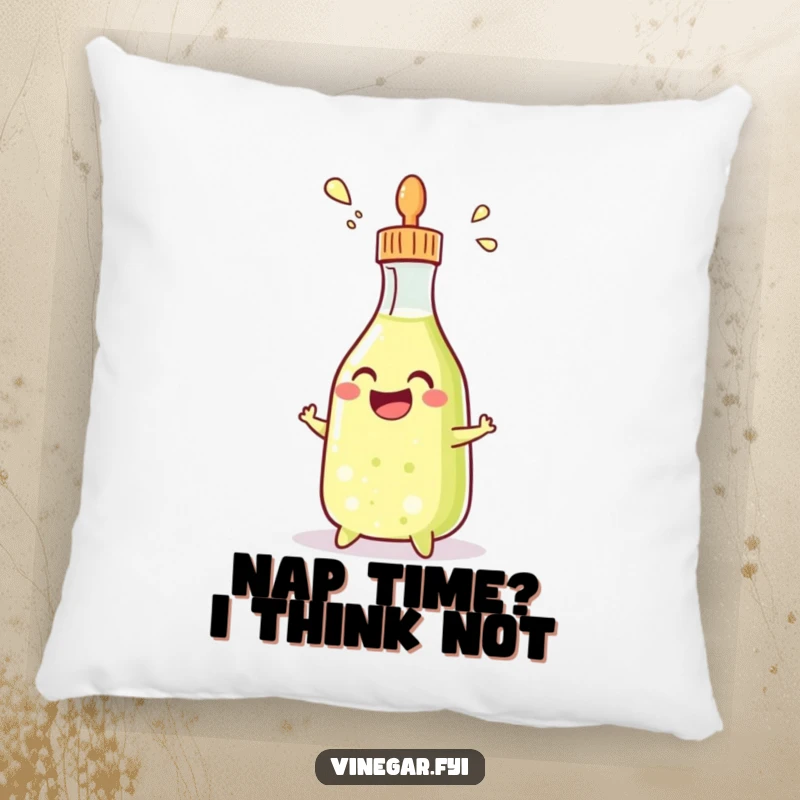 Funny pillow depicting a grinning condiment bottle releasing a stream of vinegar, adding a touch of playful decor.