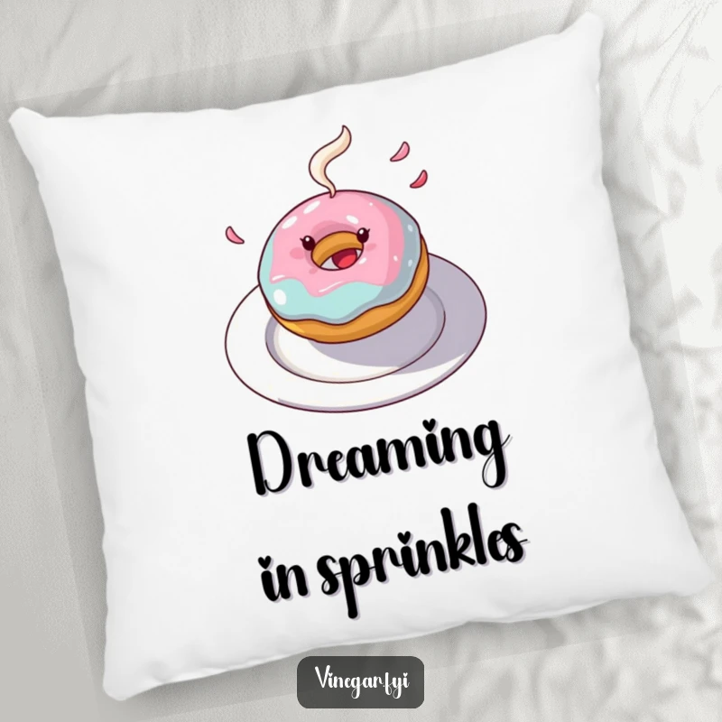 Funny donut pillow featuring a joyful spinning donut with flying frosting, offering soft comfort and sweet humor.
