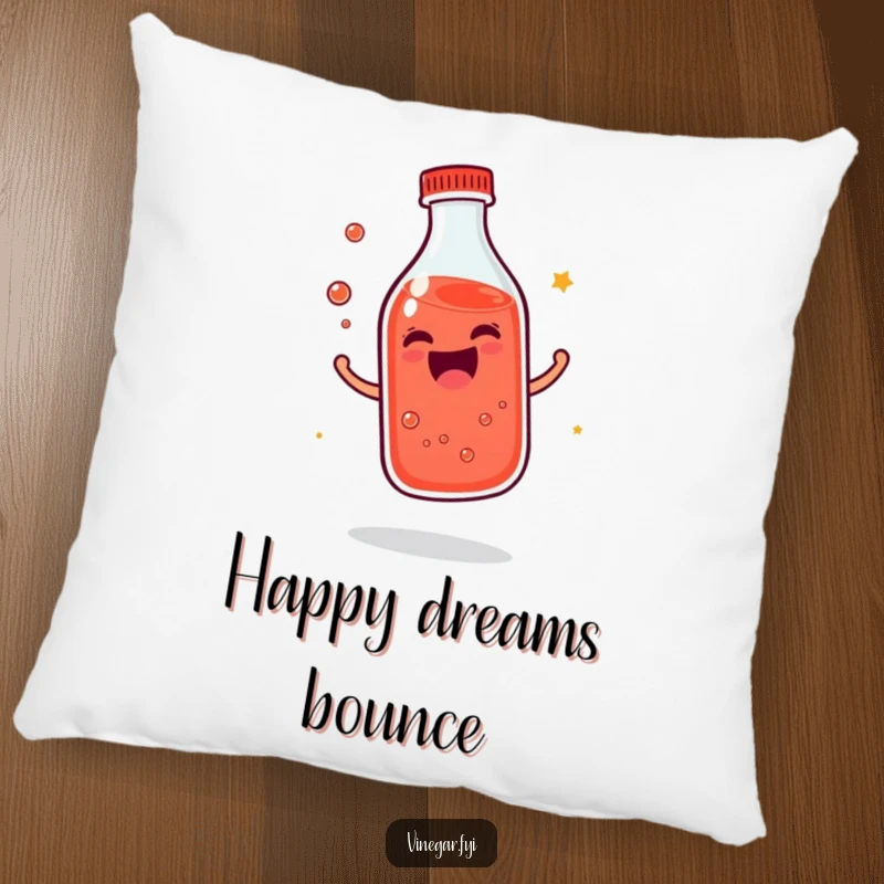 Funny giggling bottle of reddish liquid pillow bouncing with infectious joy, offering comfort and happiness, a great funny gift.