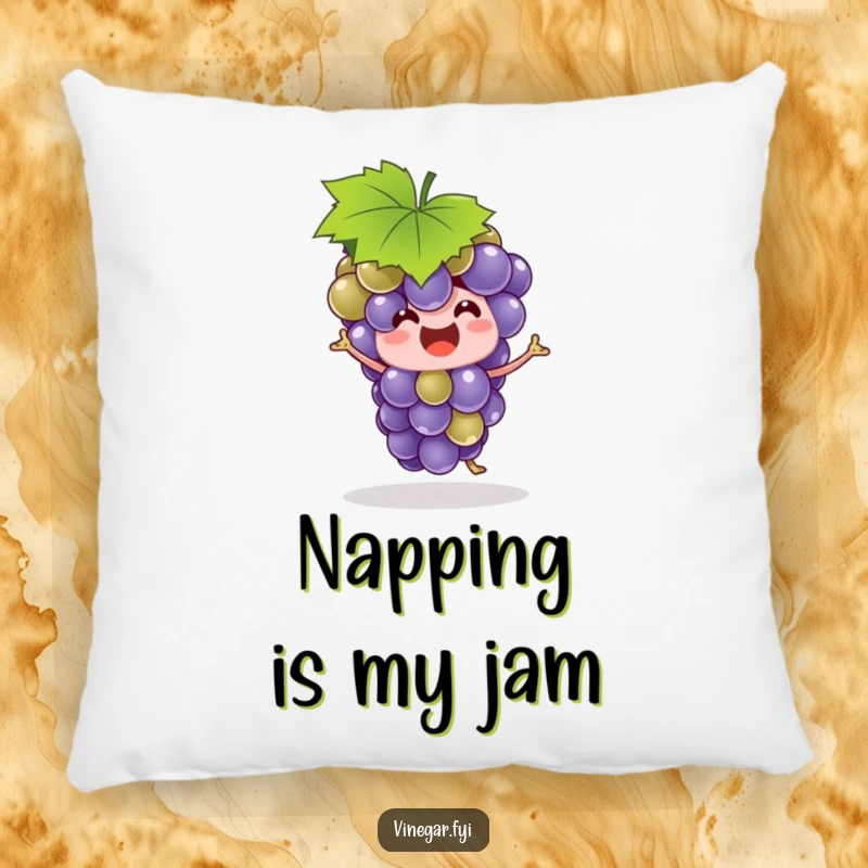 Funny grape bunch wearing a leaf hat, captured in a goofy dance pose, printed on a plush, decorative pillow.