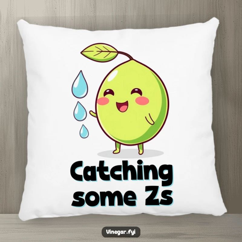 Funny pillow featuring a wobbly green lime character smiling and juggling droplets, offering comfort and a splash of playful humor.
