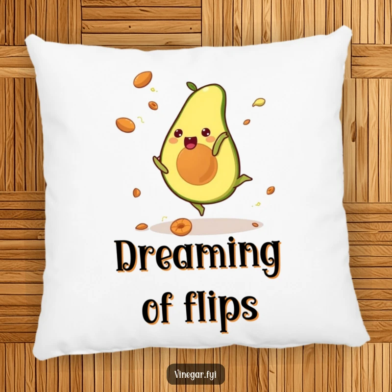 Funny pillow with a kawaii avocado mid-cartwheel, pits flying, offering comfort and a humorous, energetic splash of design.