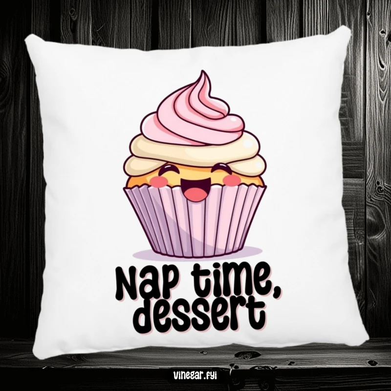 Funny kawaii cupcake excitedly frosting itself with a giggle, on a soft, funny pillow, bringing sweetness and cheer.