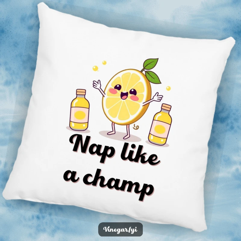 Funny Kawaii lemon slice, juggling vinegar bottles with delight, adds a pop of color and humor to this plush and funny pillow. Citrus comfort.