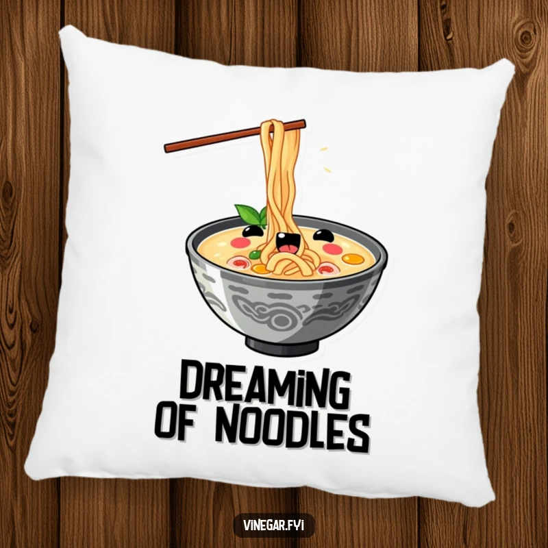 Funny kawaii ramen bowl slurping noodles with exaggerated delight, on a soft, funny pillow, bringing comfort and cheer.