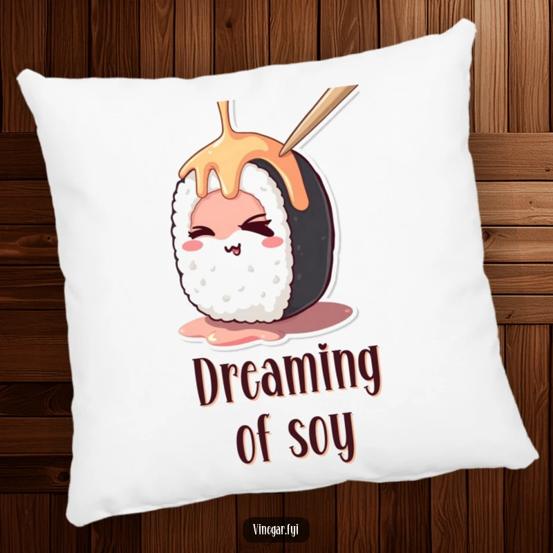 Funny kawaii sushi roll mischievously winking while being drizzled, on a soft, funny pillow, bringing a touch of playfulness.