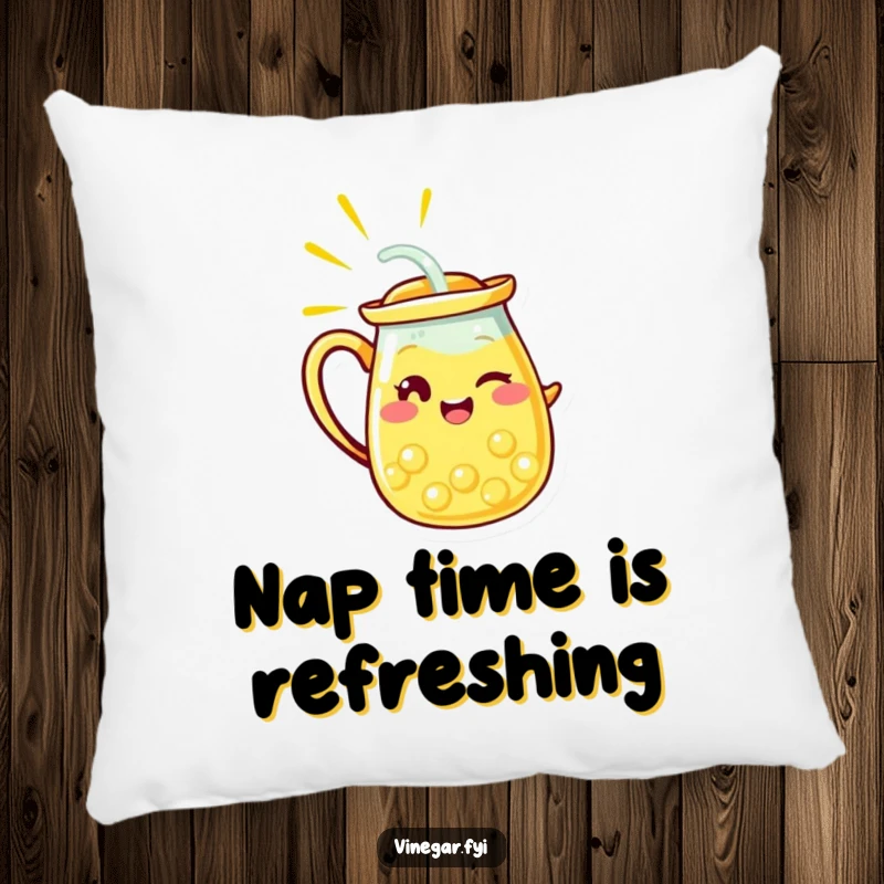 Funny pillow featuring a radiant yellow lemonade pitcher character winking while pouring, offering comfort and a cheerful splash of humor.