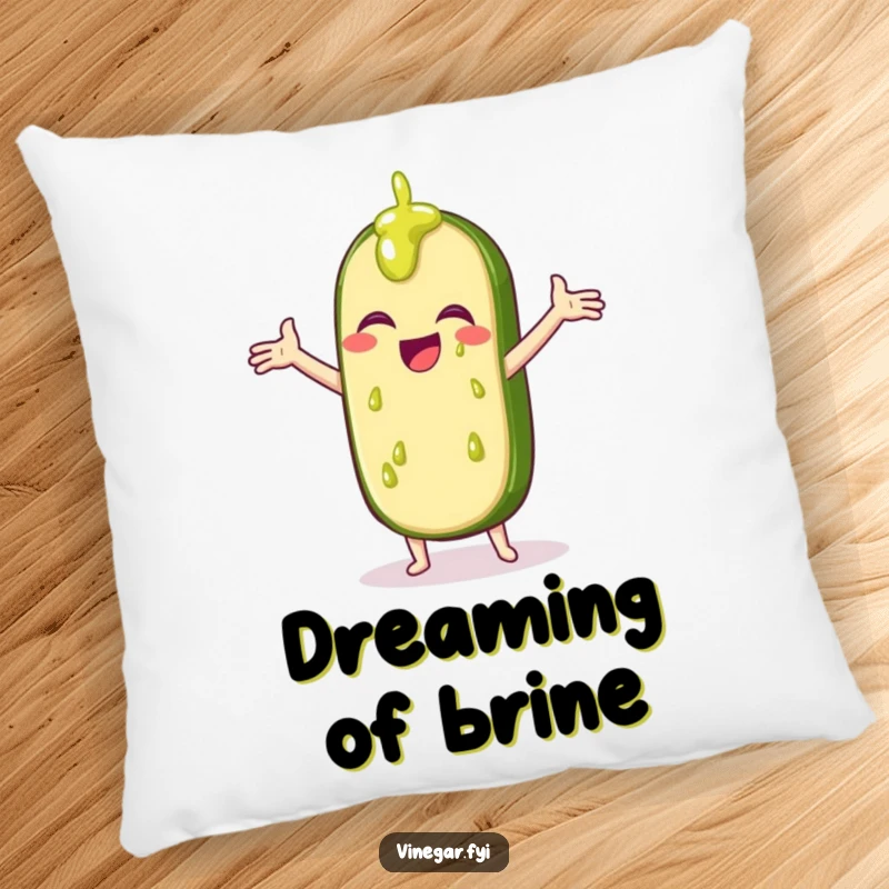 Funny decorative pillow featuring a giggling pickle slice catching vinegar drips, bringing humor and charm.