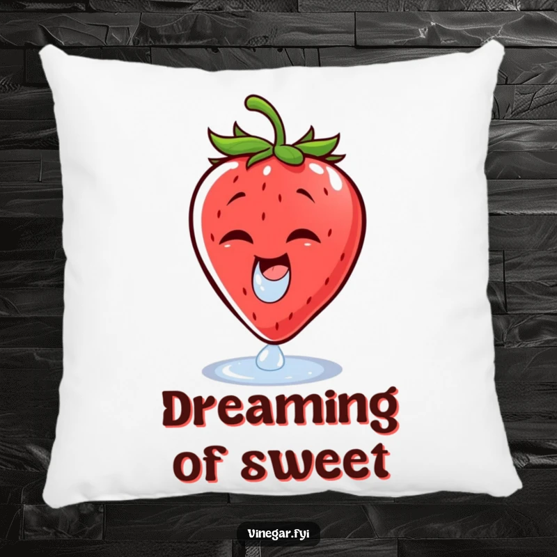 Funny pillow illustration of a cheerful strawberry wincing at a vinegar droplet, providing a humorous and cozy decorative accent.