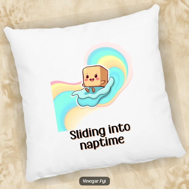 Funny smiling brown sugar cube character with tiny legs sliding down a liquid wave, designed for comfort on a decorative pillow.
