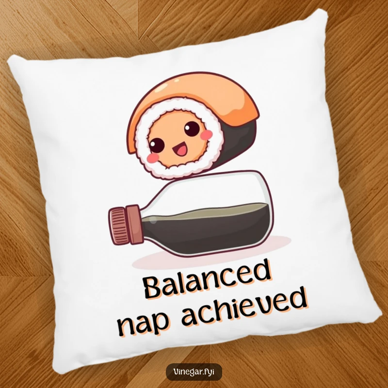 Funny pillow: A happy, round sushi roll balances precariously on a vinegar bottle, offering comfort and a comical, food-themed visual.