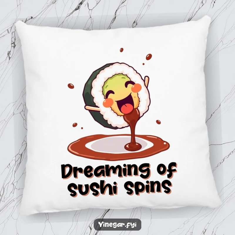 Funny pillow featuring a happy sushi roll doing a cartwheel with soy sauce splashing, bringing comfort and humor.