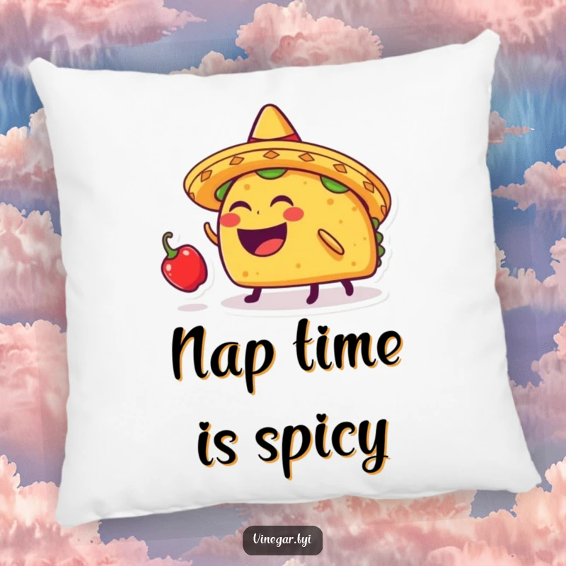 Funny taco character in a sombrero balancing a chili pepper on its head, on a soft pillow for humorous decor.