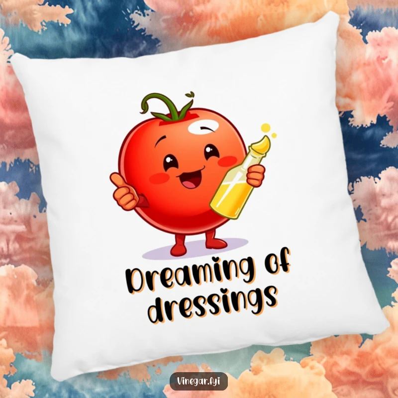 Funny Pillow featuring a happy cherry tomato giving a thumbs up and holding a vinegar cruet, offering comfort and a touch of culinary charm.