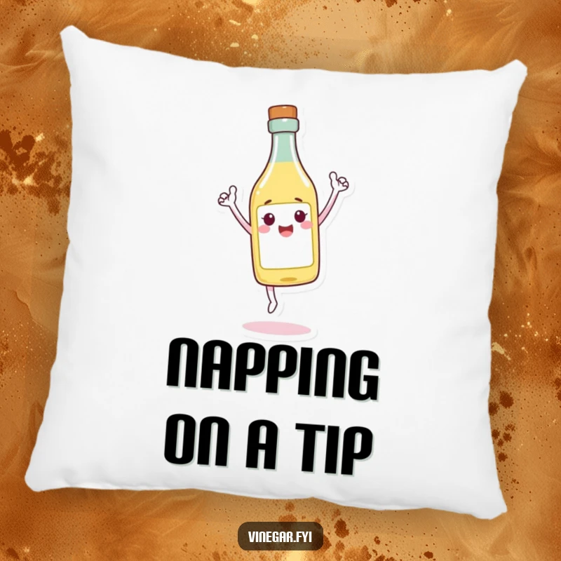 Funny Pillow featuring a cheerful vinegar bottle character triumphantly balancing on its tip, offering comfort and a humorous touch.
