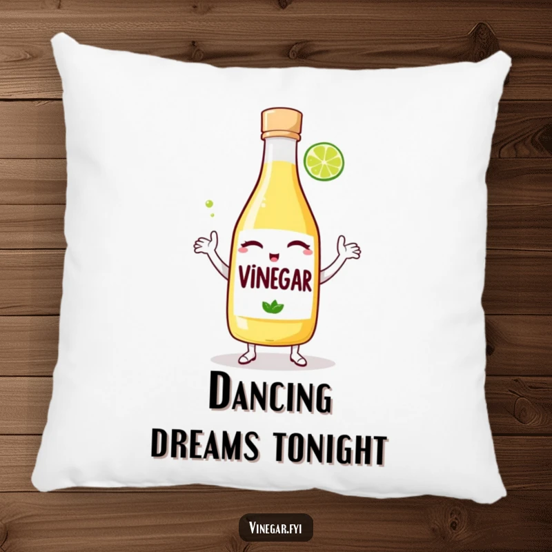 Funny pillow: A winking bottle of vinegar dances with a lime wedge, providing comfort and a comical, zest-filled visual.