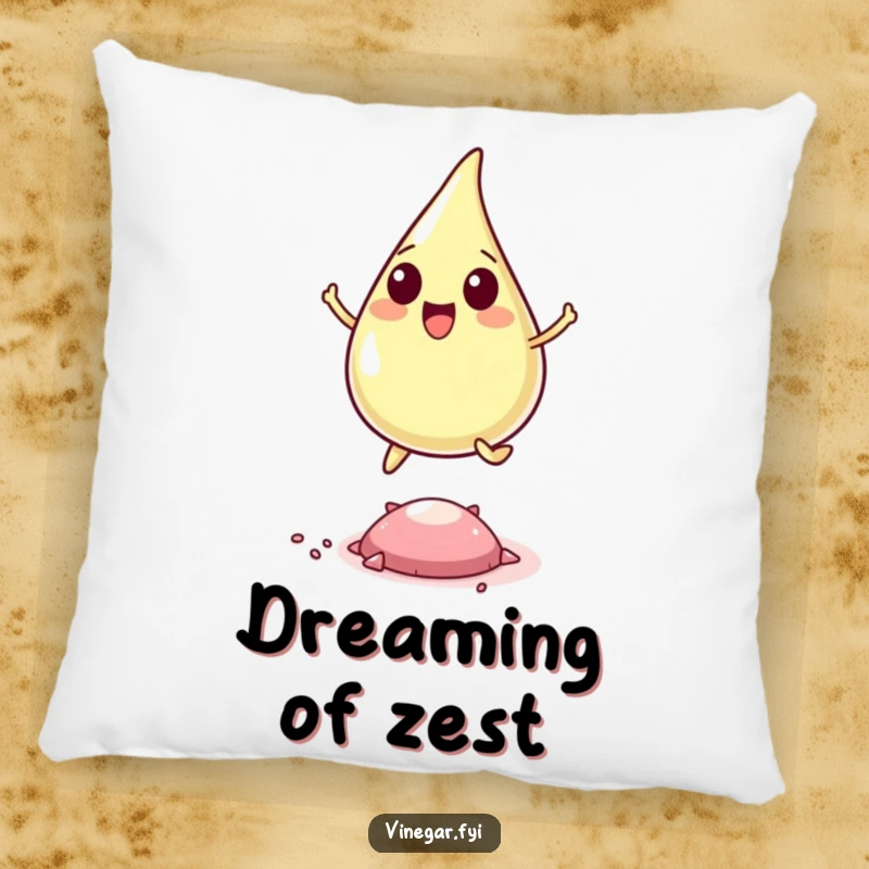 Funny pillow showcasing a happy vinegar drop leaping over a pepper flake, offering comfort and a cheerful, humorous touch.