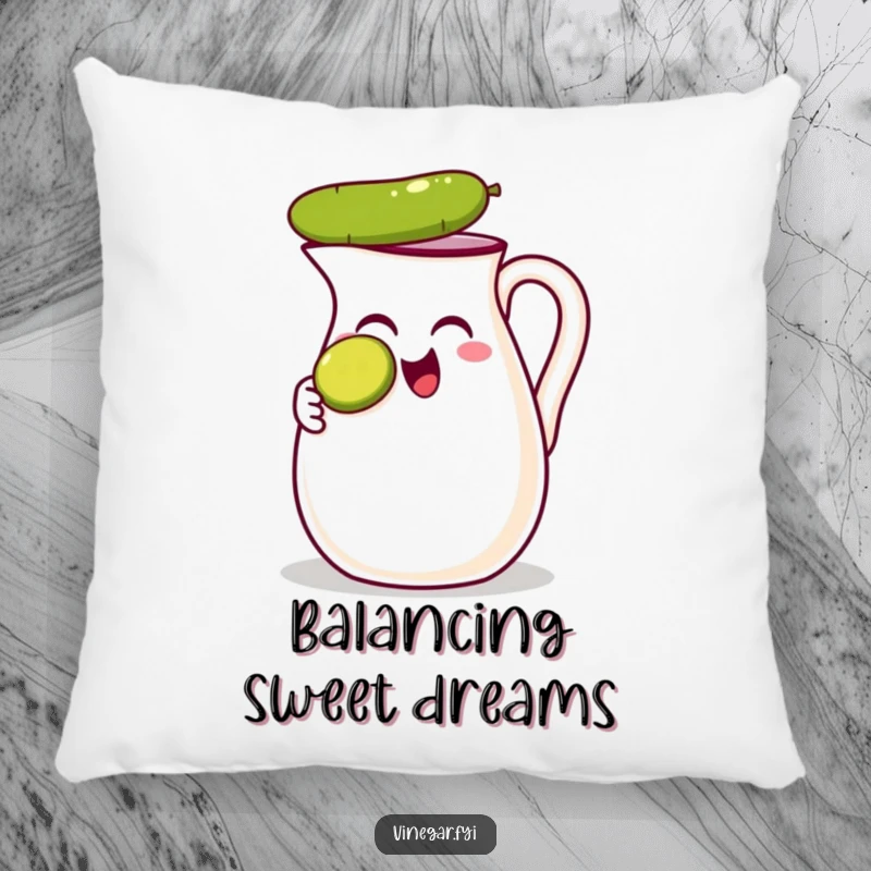Funny pillow featuring a thrilled vinegar jug balancing a pickle slice on its nose, providing comfort and hilarious amusement.