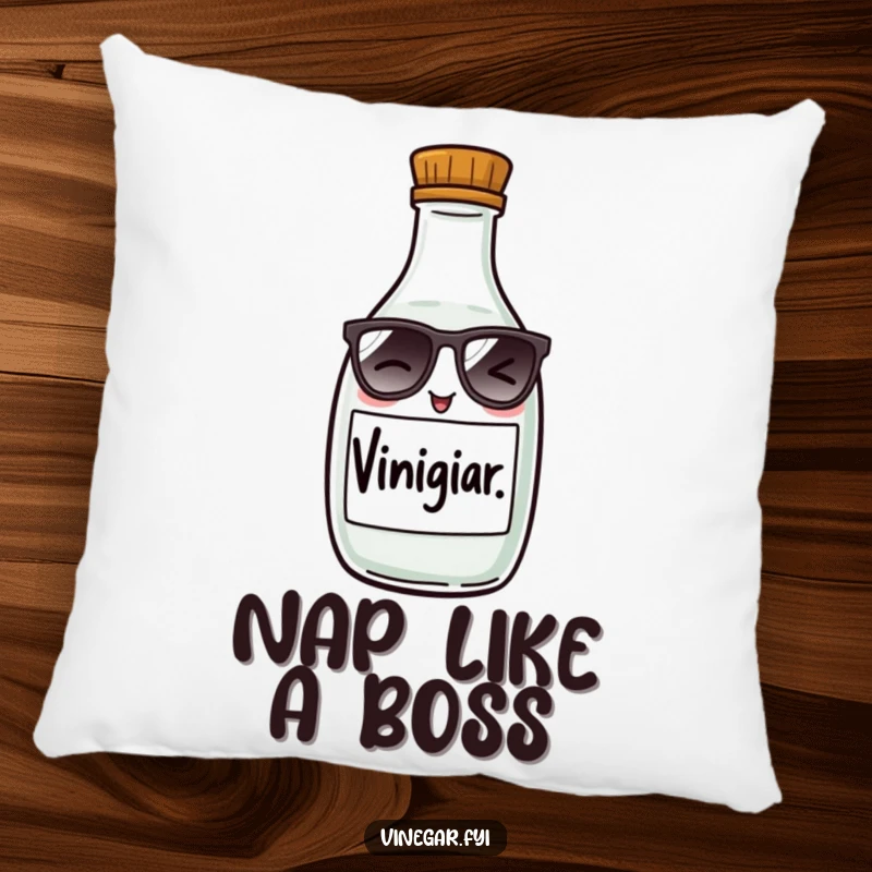 Funny pillow with a mischievous vinegar bottle wearing tiny sunglasses, winking mischievously, providing comfort and humor for your home.