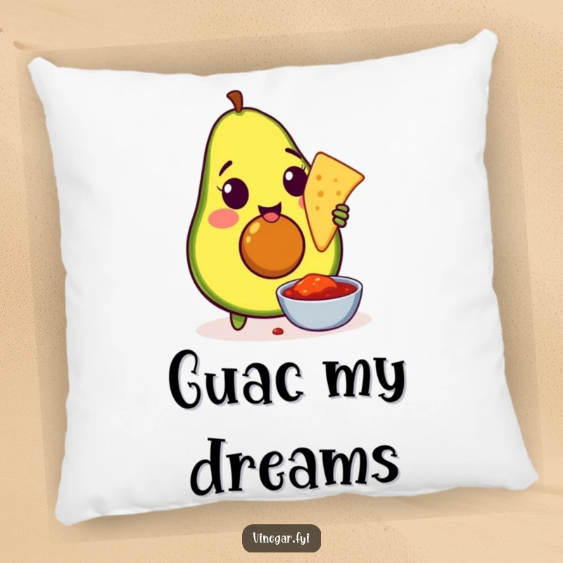 Funny pillow designed with an amused avocado dipping a tortilla chip into salsa, offering comfort and a dose of edible humor.