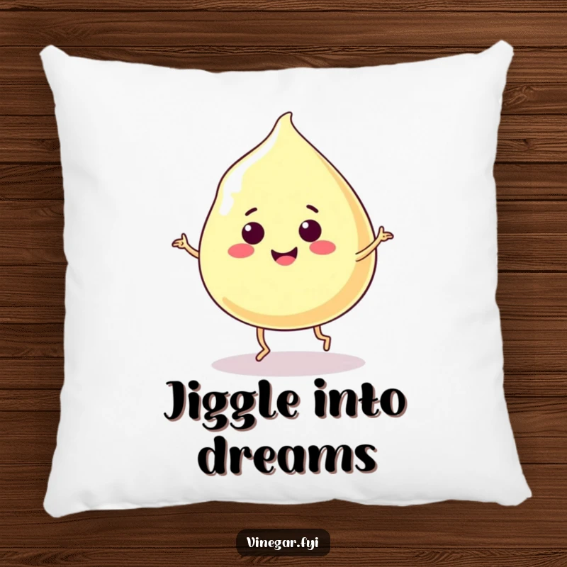 Funny decorative pillow featuring a smiling, jiggly vinegar blob doing a happy dance, adding humor to any room.
