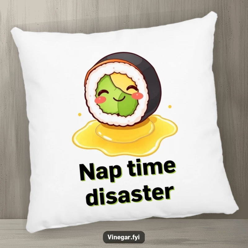 Funny pillow illustration of a smiling sushi roll comically slipping on spilled vinegar, providing a humorous and cozy decorative accent.