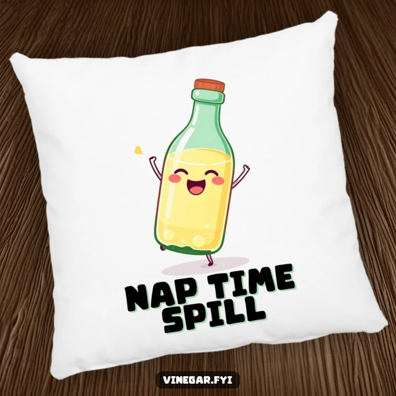 Funny vinegar bottle pillow featuring a joyful, stylized bottle tipping itself over with an expression of pure glee.