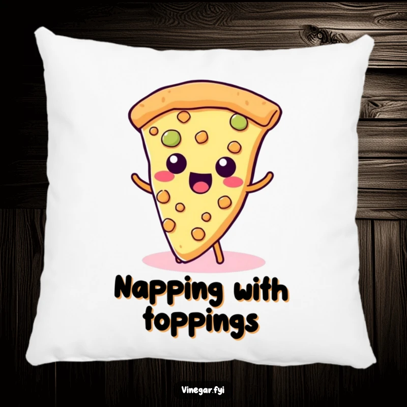 Funny Kawaii Pizza Pillow: A cute slice of pizza happily wiggles its cheesy toppings, offering humorous comfort and cheesy joy.