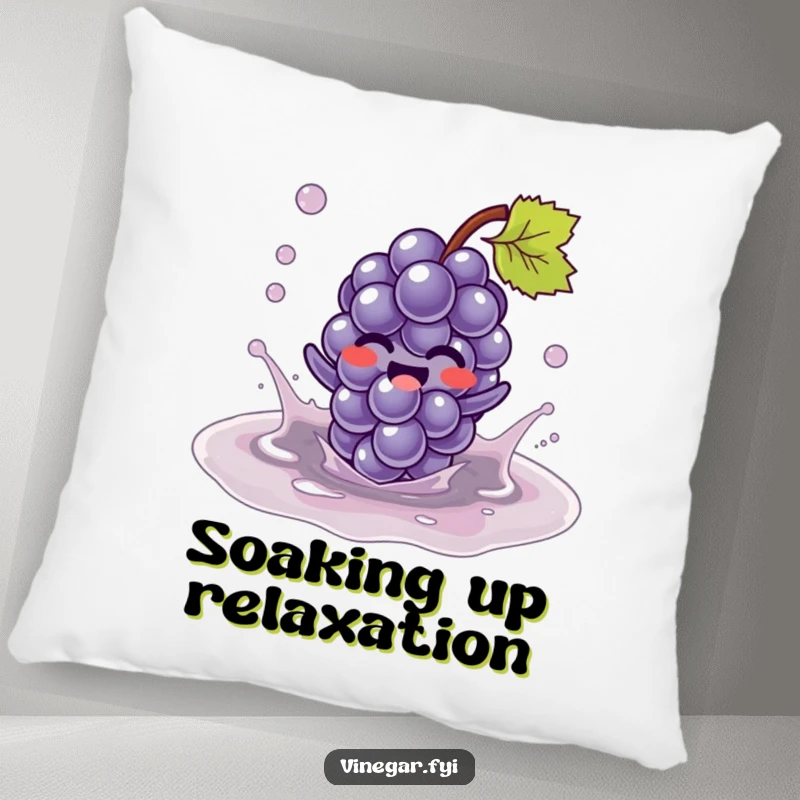 Funny Kawaii grape character, giggling and splashing in a vinegar puddle, brings joy and humor to this plush and funny pillow. Cozy fun.