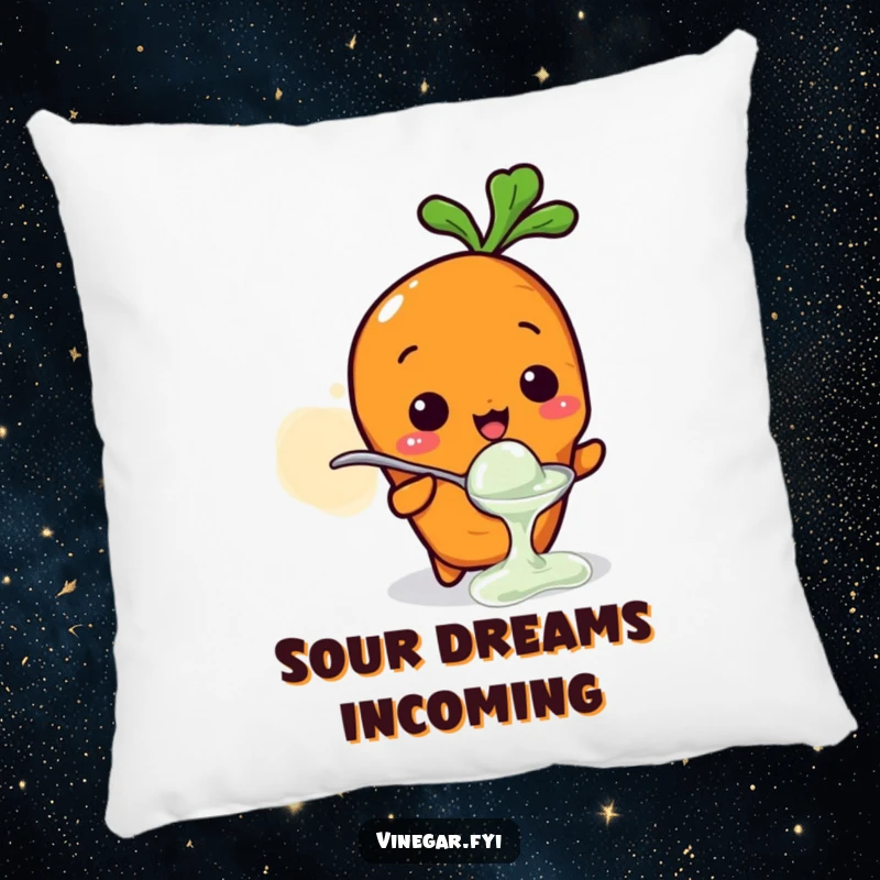 Funny pillow featuring a Kawaii carrot character tasting vinegar from a small spoon, its face puckered in a sour expression, soft and funny.