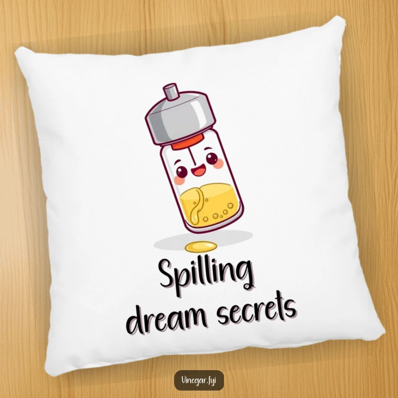 Funny pillow: A cheerful pepper shaker tips over, pouring a tiny stream of vinegar, offering comfort and a comical, condiment-themed visual.