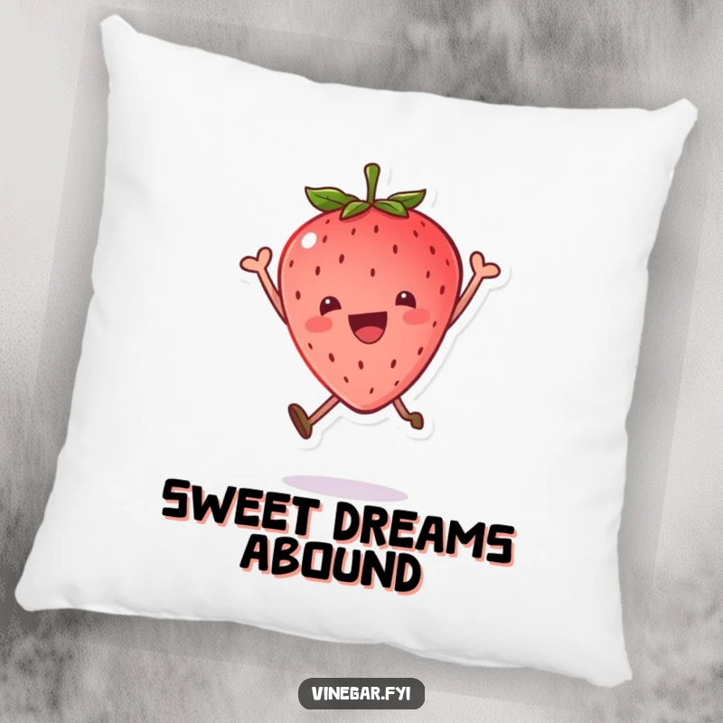 Funny pillow with a kawaii strawberry in a joyful leap, leaf tilted, offering soft comfort and a cheerful, sweet design.