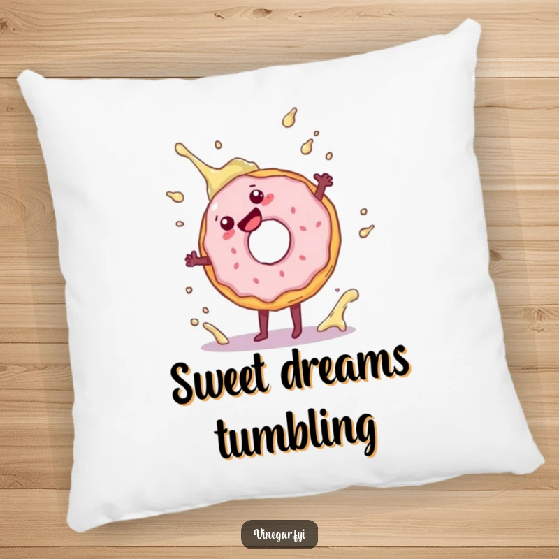 Funny donut pillow showing a cartwheeling donut near a vinegar splash, offering comfort and a splash of humor.