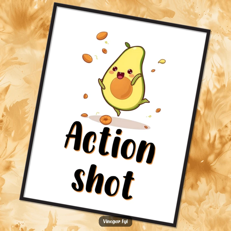 Funny digital art print showing a kawaii avocado cartwheeling with pits flying, capturing peak excitement and acrobatic fun.