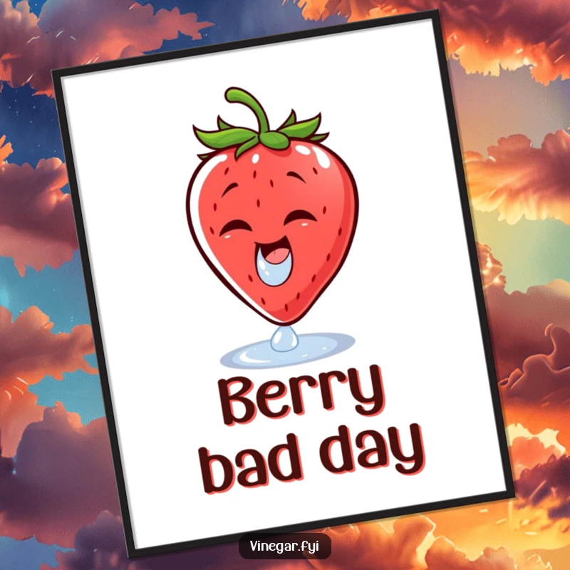 Funny digital art print of a cheerful strawberry wincing at a vinegar droplet, offering a whimsical and humorous fruit-themed display.
